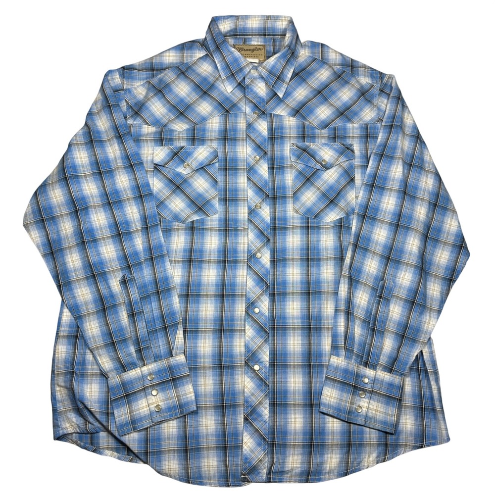 Y2K Wrangler Mens Pearl Snap XL Blue Plaid Western Shirt Long Sleeve‎ Cowboy